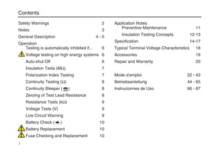 Contents
Safety Warnings 2
Notes 3
General Description 4 - 5
Operation
Testing is automatically inhibited if... 6
Voltage testing on high energy systems 6
Auto-shut Off 6
Insulation Tests (MΩ) 7
Polarization Index Testing 7
Continuity Testing (Ω) 8
Continuity Bleeper ( ) 8
Zeroing of Test Lead Resistance 8
Resistance Tests (kΩ) 9
Voltage Tests (V) 9
Live Circuit Warning 9
Battery Check ( ) 10
Battery Replacement 10
Fuse Checking and Replacement 10
Application Notes
Preventive Maintenance 11
Insulation Testing Concepts 12-13
Specification 14-17
Typical Terminal Voltage Characteristics 18
Accessories 19
Repair and Warranty 20
Mode d’emploi 22 - 43
Betriebsanleitung 44 - 65
Instrucionnes de Uso 66 - 87
1
 