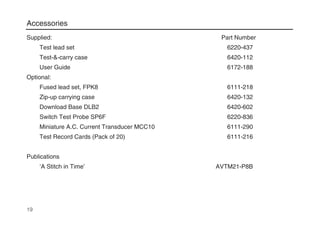 Accessories
Supplied: Part Number
Test lead set 6220-437
Test-&-carry case 6420-112
User Guide 6172-188
Optional:
Fused lead set, FPK8 6111-218
Zip-up carrying case 6420-132
Download Base DLB2 6420-602
Switch Test Probe SP6F 6220-836
Miniature A.C. Current Transducer MCC10 6111-290
Test Record Cards (Pack of 20) 6111-216
Publications
‘A Stitch in Time’ AVTM21-P8B
19
 