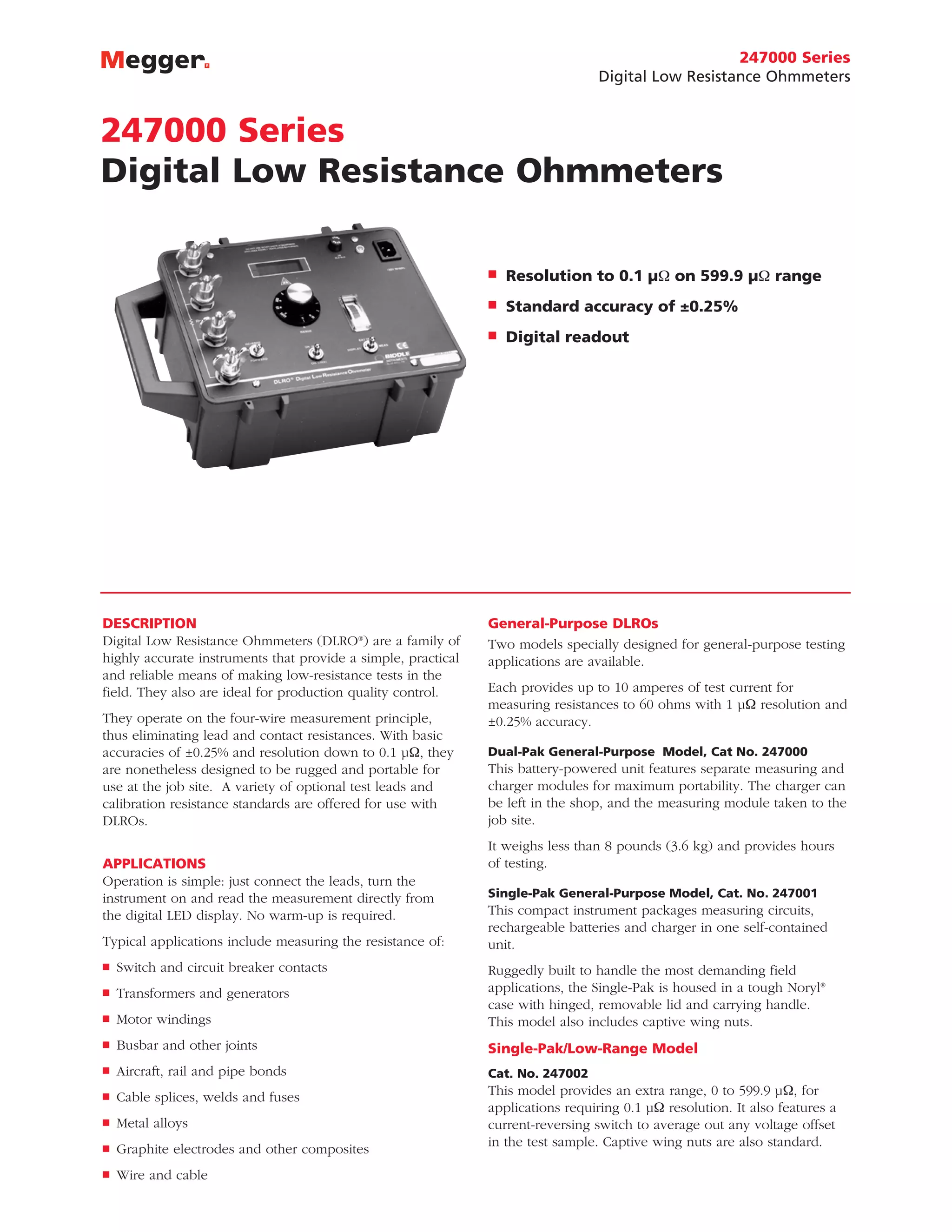 Digital Low Resistance Ohmmeters Datasheet Manual PDF