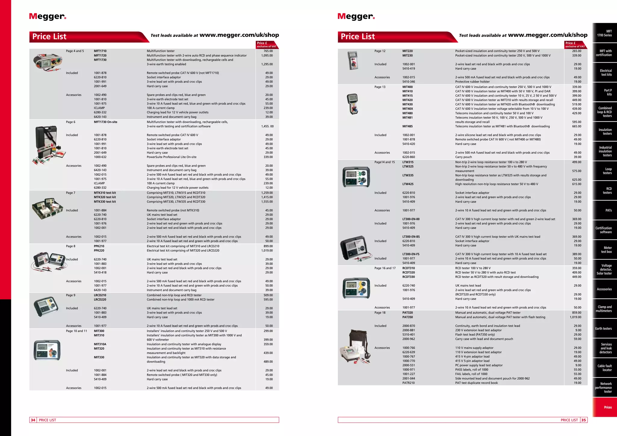 Price List

Test leads available at

www.megger.com/uk/shop

Price List

Price £

Test leads available at

www.megger.com/uk/shop
Price £

exclusive of VAT

		
Page 4 and 5 	
MFT1710	
			
MFT1720	
			
MFT1730	
				
	
		
Included	
1001-878 	
			
6220-810	
			
1001-991	
			
2001-649	

Multifunction tester	
Multifunction tester with 2-wire auto RCD and phase sequence indicator	
Multifunction tester with downloading, rechargeable cells and
3-wire earth testing enabled	

		
Accessories	
			
			
			
			
			

Spare probes and clips red, blue and green	
3-wire earth electrode test set	
3-wire 10 A fused lead set red, blue and green with prods and croc clips	
100 A current clamp	
Charging lead for 12 V vehicle power outlets	
Instrument and document carry bag	

1002-490	
1001-810	
1001-975	
ICLAMP	
6280-332	
6420-143	

Remote switched probe CAT IV 600 V (not MFT1710)	
Socket interface adaptor 	
3-wire lead set with prods and croc clips	
Hard carry case	

		
Page 12	
			

MIT220	
MIT230	

Pocket-sized insulation and continuity tester 250 V and 500 V	
Pocket-sized insulation and continuity tester 250 V, 500 V and 1000 V 	

1,295.00

		
Included	
			

1002-001	
5410-419	

2-wire lead set red and black with prods and croc clips	
Hard carry case	

29.00
19.00

		
Accessories	
			

1002-015	
5410-346	

2-wire 500 mA fused lead set red and black with prods and croc clips 	
Protective rubber holster	

49.00
19.00

49.00
29.00
49.00
29.00
20.00
45.00
55.00
239.00
12.00
39.00

		
Page 6 	
MFT1730 On-site	
				

Multifunction tester with downloading, rechargeable cells,
3-wire earth testing and certification software	

		
Included	
			
			
			
			
			

1001-878	
6220-810	
1001-991	
1001-810	
2001-649	
1000-632	

Remote switched probe CAT IV 600 V	
Socket interface adaptor 	
3-wire lead set with prods and croc clips	
3-wire earth electrode test set	
Hard carry case	
PowerSuite Professional Lite On-site	

49.00
29.00
49.00
45.00
29.00
339.00

		
Accessories	
			
			
			
			
			

1002-490 	
6420-143	
1002-015	
1001-975	
ICLAMP	
6280-332	

Spare probes and clips red, blue and green 	
Instrument and document carry bag	
2-wire 500 mA fused lead set red and black with prods and croc clips 	
3-wire 10 A fused lead set red, blue and green with prods and croc clips	
100 A current clamp	
Charging lead for 12 V vehicle power outlets	

20.00
39.00
49.00
55.00
239.00
12.00

		
Page 7	
			
			

MTK310 test kit	
MTK320 test kit	
MTK330 test kit	

Comprising MIT310, LTW315 and RCDT310	
Comprising MIT320, LTW325 and RCDT320	
Comprising MIT330, LTW335 and RCDT330	

		
Included	
			
			
			
			

1001-884	
6220-740	
6220-810	
1001-976	
1002-001	

Remote switched probe (not MTK310)	
UK mains test lead set	
Socket interface adaptor 	
2-wire lead set red and green with prods and croc clips	
2-wire lead set red and black with prods and croc clips	

		
Accessories	
			

1002-015	
1001-977	

2-wire 500 mA fused lead set red and black with prods and croc clips 	
2-wire 10 A fused lead set red and green with prods and croc clips	

		
Page 8	
			

PPK210	
PPK220	

Electrical test kit comprising of MIT310 and LRCD210	
Electrical test kit comprising of MIT320 and LRCD220	

		
Included	
			
			
			

6220-740	
1001-883	
1002-001	
5410-418	

UK mains test lead set 	
3-wire lead set with prods and croc clips	
2-wire lead set red and black with prods and croc clips	
Hard carry case	

29.00
39.00
29.00
29.00

		
Accessories	
			
			

1002-015	
1001-977	
6420-143	

2-wire 500 mA fused lead set red and black with prods and croc clips 	
2-wire 10 A fused lead set red and green with prods and croc clips	
Instrument and document carry bag	

49.00
50.00
39.00

		
Page 9	
			

LRCD210	
LRCD220	

Combined non-trip loop and RCD tester	
Combined non-trip loop and 1000 mA RCD tester	

		
Included	
			
			

6220-740	
1001-883	
5410-409	

UK mains test lead set 	
3-wire lead set with prods and croc clips	
Hard carry case	

		

1001-977	

2-wire 10 A fused lead set red and green with prods and croc clips	

Accessories	

exclusive of VAT

765.00
1,095.00

1,455. 00

265.00
339.00

		
Page 13	
MIT400	
			
MIT410	
			
MIT415	
			
MIT420	
			
MIT430	
			
MIT40X	
			
MIT480	
			
MIT481	
				
			
MIT485	

CAT IV 600 V insulation and continuity tester 250 V, 500 V and 1000 V	
CAT IV 600 V insulation tester as MIT400 with 50 V 100 V, PI and DAR	
CAT IV 600 V insulation and continuity tester 10 V, 25 V, 2 50 V and 500 V	
CAT IV 600 V insulation tester as MIT310 with results storage and recall 	
CAT IV 600 V insulation tester as MIT420 with Bluetooth® downloading	
CAT IV 600 V insulation tester voltage selectable from 10 V to 100 V 	
Telecoms insulation and continuity tester 50 V and 100 V	
Telecoms insulation tester 50 V, 100 V, 250 V, 500 V and 1000 V
results storage and recall	
Telecoms insulation tester as MIT481 with Bluetooth® downloading	

339.00
399.00
399.00
449.00
519.00
439.00
429.00

		
Included	
			
			

1002-001	
1001-878	
5410-420	

2-wire silicone lead set red and black with prods and croc clips	
Remote switched probe CAT IV 600 V ( not MIT400 or MIT480)	
Hard carry case	

29.00
49.00
19.00

		
Accessories	
			

1002-015	
6220-860	

2-wire 500 mA fused lead set red and black with prods and croc clips 	
Carry pouch	

49.00
39.00

595.00
665.00

		
Page14 and 15	
LTW315	
			
LTW325	
				
			
LTW335	
				
			
LTW425	

Non-trip 2-wire loop resistance tester 100 v to 280 V	
Non-trip 2-wire loop resistance tester 50 v to 480 V with frequency
measurement	
Non-trip loop resistance tester as LTW325 with results storage and
downloading	
High resolution non-trip loop resistance tester 50 V to 480 V	

		
Included	
			
			

6220-810	
1001-976	
5410-409	

Socket interface adaptor 	
2-wire lead set red and green with prods and croc clips	
Hard carry case	

29.00
29.00
19.00

45.00
29.00
29.00
29.00
29.00

		

1001-977	

2-wire 10 A fused lead set red and green with prods and croc clips	

50.00

			
		
Included	
			

LT300-EN-00	
1001-976	
5410-409	

CAT IV 300 V high current loop tester with red and green 2-wire lead set	
2-wire lead set red and green with prods and croc clips	
Hard carry case	

369.00
29.00
19.00

49.00
50.00

			
		
Included	
			

LT300-EN-BS	
6220-810	
5410-409	

CAT IV 300 V high current loop tester with UK mains test lead	
Socket interface adaptor 	
Hard carry case	

369.00
29.00
19.00

			
		
Included	
			

LT300-EN-FS	
1001-977	
5410-409	

CAT IV 300 V high current loop tester with 10 A fused test lead set	
2-wire 10 A fused lead set red and green with prods and croc clips	
Hard carry case	

389.00
50.00
19.00

		
Page 16 and 17	
			
			

RCDT310	
RCDT320	
RCDT330	

RCD tester 100 V to 280 V	
RCD tester 50 V to 280 V with auto RCD test	
RCD tester as RCDT320 with result storage and downloading	

359.00
409.00
449.00

1,259.00
1,415.00
1,555.00

899.00
1,019.00

Accessories	

575.00

29.00
39.00
19.00

		

1001-977	

2-wire 10 A fused lead set red and green with prods and croc clips	

50.00

		
Page 18	
			

PAT320	
PAT350	

Manual and automatic, dual voltage PAT tester	
Manual and automatic, dual voltage PAT tester with flash testing	

859.00
1,019.00

50.00

		
Included	
			
			
			

2000-870	
2000-881	
5310-401	
2000-962	

Continuity, earth bond and insulation test lead	
230 V extension lead test adaptor	
Flash test lead (PAT350 only)	
Carry case with lead and document pouch	

29.00
9.00
29.00
59.00

		
Accessories	
			
			
			
			
			
			
			
			

1000-766	
6220-639	
1000-767	
1000-770	
2000-551	
1000-971	
1001-227	
2001-044	
PATR210	

110 V mains supply adaptor	
110 V extension lead test adaptor	
415 V 4-pin adaptor lead	
415 V 5-pin adaptor lead	
PC power supply lead test adaptor	
PASS labels, roll of 1000	
FAIL labels, roll of 1000	
Side mounted lead and document pouch for 2000-962	
PAT test duplicate record book	

29.00
19.00
49.00
49.00
9.00
55.00
55.00
49.00
19.00

		
Page 10 and 11	
MIT300	
			
MIT310	
				
			
MIT310A	
			
MIT320	
				
			
MIT330	
				

Installers’ insulation and continuity tester 250 V and 500 V	
Installers’ insulation and continuity tester as MIT300 with 1000 V and
600 V voltmeter	
Insulation and continuity tester with analogue display	
Insulation and continuity tester as MIT310 with resistance
measurement and backlight	
Insulation and continuity tester as MIT320 with data storage and
downloading	

		
Included	
			
			

1002-001	
1001-884	
5410-409	

2-wire lead set red and black with prods and croc clips	
Remote switched probe ( MIT320 and MIT330 only)	
Hard carry case	

29.00
45.00
19.00

		

1002-015	

2-wire 500 mA fused lead set red and black with prods and croc clips 	

29.00

399.00
359.00
439.00
489.00

Part P
kits P
Part
Combined
kits
loop and
RCD testers
Combined
loop  RCD
testers

Insulation
testers

Industrial
insulation
testers

Loop
testers

RCD
testers

PATs

Certification
software

Meter
test box

Voltage
detector,
Solar tester

Accessories

29.00
19.00

49.00

Accessories	

299.00

Electrical
Electrical
test kits
test kits

625.00
615.00

UK mains test lead	
2-wire lead set red and green with prods and croc clips
(RCDT320 and RCDT330 only)	
Hard carry case	

Accessories	

MFT
with
MFT with
certification
certification

499.00

		
Included	
6220-740	
			
1001-976	
				
			
5410-409	

509.00
595.00

MFT
MFT
1700 Series

Clamp and
multimeters

Earth testers

Services
and leak
detectors

Cable fault
locator

Network
performance
tester

Prices
	34	 PRICE LIST

	

PRICE LIST	 35

 