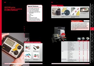 RCD testers
RCDT300 series

Special features

The Megger RCD testers provide the
full solution to RCD testing

MFT
MFT
1700 Series

n	 Clear LED polarity indicator

The RCDT tests not only Type A and Type AC RCDs, but also the
selective (time-delayed) variants of both types, performing 1⁄2I,
1I and 5I tests on RCDs rated at 30 mA, 100 mA, 300 mA and
500 mA tested at 0° or 180°.
The RCDT320 offers additional tests for RCDs rated at 10 mA
and 1000 mA.
Touch voltage is measured at the start of a test, and will
automatically inhibit if it exceeds the preset level.
Touch voltage inhibit is selectable from 25 V to 50 V.
Save your valuable time
RCDT320 offers additional time saving features.
Auto RCD testing – RCDT320 will automatically cycle through
the 1⁄2I, 1I and 5I tests at 0° or 180° recording the results, so you
can stay with and reset the RCD. This means the job gets done
faster, saving not only your time but your legs as well!
Ramp testing to measure the trip current of an RCD – the test
current is slowly increased from 1⁄2I to 1I+10%. The trip current
is held on the display, making it quicker and easier to diagnose
nuisance tripping.
RCDs on 110 V (55 V - 0 - 55 V) centre tapped site supplies can
be tested by the Megger RCDT320 due to its wide operating
voltage range of 50 V to 280 V.

Features

MFT
with
MFT with
certification
certification

n	 Thick rubber armoured case

Electrical
Electrical
test kits
test kits

n	 Large, easy to read display
n	  uper grip test-leads with lock
S
on croc clips

Shutter mechanism makes it easy
to use the right leads

n	 Tough
n	 Easy to use
Heavy duty hinge locks away
underneath

n	 Safe

Clear range selector for poor light
conditions

n	 Weatherproof to IP54

Clear LED polarity indicators help
you get the right wiring and test
lead connection

Combined
loop  RCD
testers

n	 Hands free auto-RCD testing
n	 USB downloading on RCDT330

Your safety is Megger’s number one concern
These RCD testers have built in safety features to look after you
and the tester –
n	
Safety interlock to prevent unsafe connection of the test
leads
n	
Test inhibit, if the supply voltage exceeds 280 V
n	 phase safe – even when connected across phases, both you
3
and the tester will remain safe
n	
LED connection indicators display correct test lead
connection, making sure it is right first time

Megger RCD testers will take the bashing that testers receive
when they are on site
They are rubber armoured and have an integral solid lid to
cover the display.
The lid has a heavy-duty hinge that locks away underneath
when in use, making it easy to use and impossible to lose.
And you don’t need to pull out the test leads to shut the lid.

Part P
kits P
Part
Combined
kits
loop and
RCD testers

Insulation
testers

How it works
Use the ‘ramp test’ to identify nuisance tripping RCDs.
An overly current sensitive or faulty RCD can cause
nuisance tripping of the RCD, which can be very difficult
to locate. A current clamp meter is not fast enough.
By testing with a ramp test, the test current is slowly
increased until the RCD trips. The tester displays the trip
current in milliamps (not the trip time). If this is too low,
replace the RCD.

Industrial
insulation
testers

Loop
testers

RCD
testers

PATs

Megger RCD testers are so easy to use and quick to learn
n	
There are no buried functions, so they are easy to use
n	
The colour coding helps test selection, speeding up testing
time and helping you identify faults fast
n	
The quick start guide in the lid keeps all the basic
information at hand when you need it

Certification
software

Meter
test box

	

RCDT300 series accessories

1001-976
2 wire test lead set

6220-740
UK mains test lead

bit.ly/RCDT300

	16	 RCD TESTERS

1001-977 2-wire 10 A
fused test lead set

	

	 RCD testing	
		
		
		
		
		
		
		
		
		
		
		
		

1

⁄2I, 1I, 5I RCD trip time test	
n	
n	
Selective breakers	
n	
n	
Type A and AC breakers (1⁄2I, 1I, 5I)	
n	
n	
Programmable RCD			
30, 100, 300, 500 mA RCDs	
n	
n	
10, 1000 mA RCDs		
n	
RCD trip current test (RAMP)		
n	
Auto RCD test		
n	
0°/180° polarity selection	
n	
n	
Touch voltage selectable	
n	
n	
Max touch voltage (25 V/50 V)	
n	
n	
Operating range 100 to 280 V	
n	
Operating range 50 to 280 V		
n	

n
n
n
n
n
n
n
n
n
n
n

	 Features	
		
		
		
		
		
		
		
		
		
		

3-Phase safe	
n	
n	
Large clear display	
n	
n	
Backlight		
n	
Battery status indication	
n	
n	
Auto power down	
n	
n	
Fuse blown indication	
n	
n	
Data storage			
Download via USB port			
IP54 weatherproof	
n	
n	
IEC61010-1 CATIII 300 V	
n	
n	
EN61557	
n	
n	

n
n
n
n
n
n
n
n
n
n
n

	 Accessories included	
		
		
		

RCDT testers come complete
with calibration certificate in a
tough carry case

For more information go to

1002-490
Red, blue and green
probes and clips

RCDT310	RCDT320	RCDT330

UK mains test lead	
n	
2 wire test lead with probes and clips		
Warranty upgradeable to 3 years FREE	
n	
Free calibration certificate	
n	

n
n
n
n

n	
n	
n	
n	

n

RCD TESTERS	 17

Voltage
detector,
Solar tester

Accessories

Clamp and
multimeters

Earth testers

Services
and leak
detectors

Cable fault
locator

Network
performance
tester

Prices

 