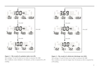 Figure 3 - The result of a dielectric discharge test (DD)
Test settings: T1 and T2 times set in order to measure the DAR
Test condition: test runs for longer than 10 minutes as this is required for
a PI reading.
Figure 2 - The result of a polarity index test (PI)
Test settings: T1 and T2 times set in order to measure the DAR
Test conditions: timer defaults to 10 minutes, as this is required for a PI
reading
9
Press Ω/I
Press Ω/I
Press Ω/I
Press Ω/I
Press Ω/I
Press Ω/I
 