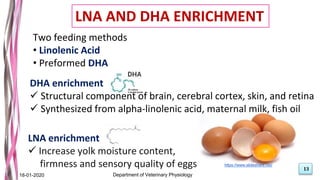 18-01-2020 Department of Veterinary
13
CLA enrichment
Two feeding methods
• Linolenic Acid
• Preformed DHA
LNA enrichment
 Increase yolk moisture content,
firmness and sensory quality of eggs
DHA enrichment
 Structural component of brain, cerebral cortex, skin, and retina
 Synthesized from alpha-linolenic acid, maternal milk, fish oil
LNA AND DHA ENRICHMENT
18-01-2020 Department of Veterinary Physiology
13
https://www.slideshare.net/
 