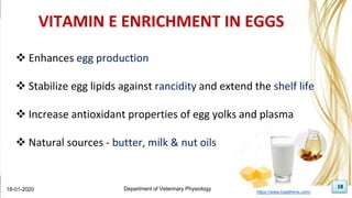 18
 Enhances egg production
 Stabilize egg lipids against rancidity and extend the shelf life
 Increase antioxidant properties of egg yolks and plasma
 Natural sources - butter, milk & nut oils
18-01-2020 Department of Veterinary Physiology 18
VITAMIN E ENRICHMENT IN EGGS
https://www.healthline.com/
 