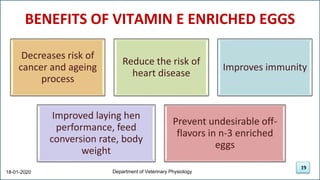 19
BENEFITS OF VITAMIN E ENRICHED EGGS
Decreases risk of
cancer and ageing
process
Reduce the risk of
heart disease
Improves immunity
Improved laying hen
performance, feed
conversion rate, body
weight
Prevent undesirable off-
flavors in n-3 enriched
eggs
18-01-2020 Department of Veterinary Physiology
19
 