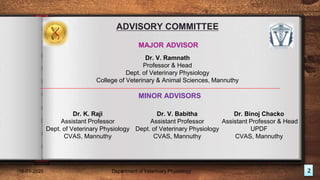 ADVISORY COMMITTEE
Dr. V. Ramnath
Professor & Head
Dept. of Veterinary Physiology
College of Veterinary & Animal Sciences, Mannuthy
Dr. K. Raji
Assistant Professor
Dept. of Veterinary Physiology
CVAS, Mannuthy
Dr. V. Babitha
Assistant Professor
Dept. of Veterinary Physiology
CVAS, Mannuthy
MINOR ADVISORS
MAJOR ADVISOR
Dr. Binoj Chacko
Assistant Professor & Head
UPDF
CVAS, Mannuthy
18-01-2020 Department of Veterinary Physiology 2
 