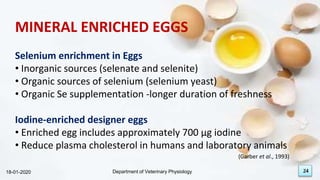 24
MINERAL ENRICHED EGGS
Selenium enrichment in Eggs
• Inorganic sources (selenate and selenite)
• Organic sources of selenium (selenium yeast)
• Organic Se supplementation -longer duration of freshness
Iodine-enriched designer eggs
• Enriched egg includes approximately 700 μg iodine
• Reduce plasma cholesterol in humans and laboratory animals
18-01-2020 Department of Veterinary Physiology 24
(Garber et al., 1993)
 