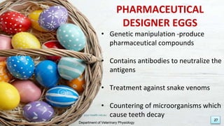 27
• Genetic manipulation -produce
pharmaceutical compounds
• Contains antibodies to neutralize the
antigens
• Treatment against snake venoms
• Countering of microorganisms which
cause teeth decay
PHARMACEUTICAL
DESIGNER EGGS
18-01-2020
Department of Veterinary Physiology
27
your.health.net.au
 