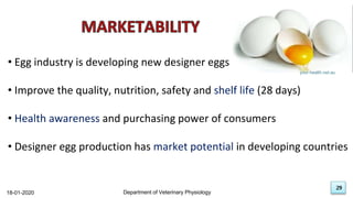 29
• Egg industry is developing new designer eggs
• Improve the quality, nutrition, safety and shelf life (28 days)
• Health awareness and purchasing power of consumers
• Designer egg production has market potential in developing countries
18-01-2020 Department of Veterinary Physiology
29
your.health.net.au
 