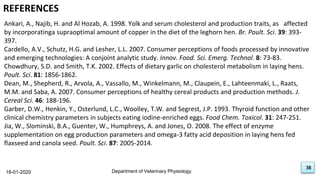 38
re
REFERENCES
18-01-2020
38
Department of Veterinary Physiology
Ankari, A., Najib, H. and Al Hozab, A. 1998. Yolk and serum cholesterol and production traits, as affected
by incorporatinga supraoptimal amount of copper in the diet of the leghorn hen. Br. Poult. Sci. 39: 393-
397.
Cardello, A.V., Schutz, H.G. and Lesher, L.L. 2007. Consumer perceptions of foods processed by innovative
and emerging technologies: A conjoint analytic study. Innov. Food. Sci. Emerg. Technol. 8: 73-83.
Chowdhury, S.D. and Smith, T.K. 2002. Effects of dietary garlic on cholesterol metabolism in laying hens.
Poult. Sci. 81: 1856-1862.
Dean, M., Shepherd, R., Arvola, A., Vassallo, M., Winkelmann, M., Claupein, E., Lahteenmaki, L., Raats,
M.M. and Saba, A. 2007. Consumer perceptions of healthy cereal products and production methods. J.
Cereal Sci. 46: 188-196.
Garber, D.W., Henkin, Y., Osterlund, L.C., Woolley, T.W. and Segrest, J.P. 1993. Thyroid function and other
clinical chemistry parameters in subjects eating iodine-enriched eggs. Food Chem. Toxicol. 31: 247-251.
Jia, W., Slominski, B.A., Guenter, W., Humphreys, A. and Jones, O. 2008. The effect of enzyme
supplementation on egg production parameters and omega-3 fatty acid deposition in laying hens fed
flaxseed and canola seed. Poult. Sci. 87: 2005-2014.
 