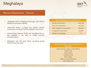 12
Physical Infrastructure – Telecom
→ Meghalaya had 111 telephone exchanges with 239,610
telephone connections (BSNL).
→ ...