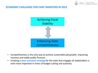 ECONOMIC CHALLENGE FOR CHIEF MINISTERS IN 2012



                               Achieving Fiscal
                                  Stability




                              Enhancing State
                              Competitiveness

 • Competitiveness is the only way to achieve sustainable job growth, improving
   incomes and stable public finances
 • Creating a clear economic strategy for the state that engages all stakeholders is
   even more important in times of budget cutting and austerity
 