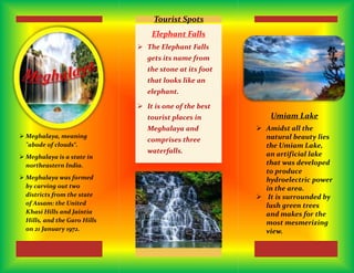  The Elephant Falls
gets its name from
the stone at its foot
that looks like an
elephant.
 It is one of the best
tourist...
