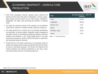 For updated information, please visit www.ibef.orgMEGHALAYA15
ECONOMIC SNAPSHOT – AGRICULTURE
PRODUCTION
 Citrus fruits, pineapples, bananas, papayas, plums, peaches and
apricots are the major fruits grown in Meghalaya. Turmeric, ginger,
black pepper and bay leaves are the major spices cultivated in
Meghalaya. The state is also promoting tea cultivation in selected
areas.
 The state has achieved success in the cultivation of non-traditional
crops like tea, cashew nut, oilseeds, tomato, mushroom, wheat, etc.
 The state government is making use of eco-friendly bio-fertilisers
and pesticides, bio-control agents, integrated nutrient management
and green manure for eliminating the deleterious effects of chemical
fertilizers and pesticides on soil. Under budget 2016-17, the state
government proposed an outlay of US$ 44.69 million for agriculture
and horticulture sectors in the state.
 Poultry farming in the state is growing as an increasing number of
people have started poultry rearing as backyard farming for domestic
as well as commercial purposes. The farmers are trained by the
animal husbandry and veterinary department to rear layer, turkey
and broiler poultry as well as on hatching programme.
Source: Ministry of Agriculture and Farmers Welfare, State Budget
Crop
Annual production – 2017-18*
(‘000 MT)
Fruits 443.02
Vegetables 522.55
Flowers (cut) 0.35
Spices 92.62
Plantation crops 33.25
Honey 0.20
Note: * - 1st Advance Estimates
 