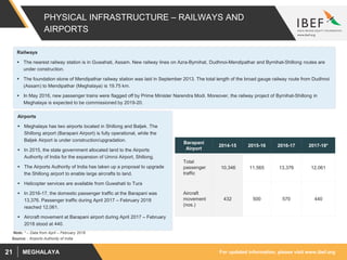 For updated information, please visit www.ibef.orgMEGHALAYA21
PHYSICAL INFRASTRUCTURE – RAILWAYS AND
AIRPORTS
Railways
 The nearest railway station is in Guwahati, Assam. New railway lines on Azra-Byrnihat, Dudhnoi-Mendipathar and Byrnihat-Shillong routes are
under construction.
 The foundation stone of Mendipathar railway station was laid in September 2013. The total length of the broad gauge railway route from Dudhnoi
(Assam) to Mendipathar (Meghalaya) is 19.75 km.
 In May 2016, new passenger trains were flagged off by Prime Minister Narendra Modi. Moreover, the railway project of Byrnihat-Shillong in
Meghalaya is expected to be commissioned by 2019-20.
Airports
 Meghalaya has two airports located in Shillong and Baljek. The
Shillong airport (Barapani Airport) is fully operational, while the
Baljek Airport is under construction/upgradation.
 In 2015, the state government allocated land to the Airports
Authority of India for the expansion of Umroi Airport, Shillong.
 The Airports Authority of India has taken up a proposal to upgrade
the Shillong airport to enable large aircrafts to land.
 Helicopter services are available from Guwahati to Tura
 In 2016-17, the domestic passenger traffic at the Barapani was
13,376. Passenger traffic during April 2017 – February 2018
reached 12,061.
 Aircraft movement at Barapani airport during April 2017 – February
2018 stood at 440.
Barapani
Airport
2014-15 2015-16 2016-17 2017-18*
Total
passenger
traffic
10,346 11,565 13,376 12,061
Aircraft
movement
(nos.)
432 500 570 440
Source: : Airports Authority of India
Note: * – Data from April – February 2018
 