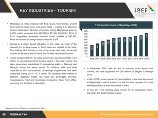For updated information, please visit www.ibef.orgMEGHALAYA40
KEY INDUSTRIES – TOURISM
 Meghalaya is richly endowed with flora, fauna, thick forests, ancient
forest groves, large rivers and grass fields – making it an attractive
tourism destination. Number of tourists visiting Meghalaya grew by
6.65%, which increased from 692,000 in 2013 to 839,363 in 2016. In
2016, Meghalaya witnessed domestic tourist footfalls of 830,887,
while the number of foreign visitors reached 8,476.
 Caving is a major tourist attraction in the state, as most of the
deepest and longest caves in South Asia are located in the state.
The Shillong Golf Course is one of the oldest and best natural golf
courses in the world and is Asia’s 2nd 18-hole natural golf course.
 Under Budget 2018-19, the state government sanctioned US$ 14.41
million for development of the tourism sector in the state. Further, the
state government established 2 recreational parks in Mairang and
Marngar during the same period. To enhance skills and build
capacities of the local populace, 15 trainings programmes have been
conducted during 2016- 17, in which 749 students were trained in
different hospitality trades like food and beverages services,
housekeeping, food and beverages production, basic front office,
grooming and life skills in hospitality.
Total tourist arrivals in Meghalaya (‘000)
404
462
555
596
657
672
686
692
725
759
839
0
100
200
300
400
500
600
700
800
900
2006 2007 2008 2009 2010 2011 2012 2013 2014 2015 2016
Source: Ministry of Tourism, Government of India
 In November 2016, with an aim to promote motor sports and
tourism, the state organized the 2nd edition of ‘Bilgaro Challenge
2016’.
 In May 2017, a new species of cave-dwelling crabs was discovered
in Meghalaya’s natural caves. It is the first ever species of a cave
dwelling crab to be ever discovered in India.
 In May 2017, the Shillong peak, known for its spectacular views,
was given the Better Holiday Award.
 