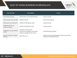 For updated information, please visit www.ibef.orgMEGHALAYA49
COST OF DOING BUSINESS IN MEGHALAYA
Cost parameter Cost estimate Source
Cost of land (per acre) US$ 75,000 to US$ 180,000 (Shillong) Industry sources
Hotel cost (per room per night) US$ 25 to US$ 48 State Tourism website
Office space rent (2,000 sq ft) US$ 300 to US$ 800 per month Industry sources
Residential space rent
(2,000 sq ft house)
US$ 75 to US$ 300 per month Industry sources
Fixed power cost (per kWh per
month)
Domestic: US 74.65 cents
Commercial: Average US 149.3 cents
Industrial: Average US 149.3 cents
Central Electricity Authority
Labour cost (minimum wages
per day)
US$ 1.65 to 2.32
Ministry of Labour and Employment, Government of India,
Wage rates for September 2013
 