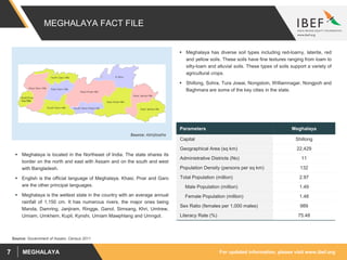For updated information, please visit www.ibef.orgMEGHALAYA7
MEGHALAYA FACT FILE
Source: Government of Assam, Census 2011
 Meghalaya is located in the Northeast of India. The state shares its
border on the north and east with Assam and on the south and west
with Bangladesh.
 English is the official language of Meghalaya. Khasi, Pnar and Garo
are the other principal languages.
 Meghalaya is the wettest state in the country with an average annual
rainfall of 1,150 cm. It has numerous rivers, the major ones being
Manda, Damring, Janjiram, Ringge, Ganol, Simsang, Khri, Umtrew,
Umiam, Umkhem, Kupli, Kynshi, Umiam Mawphlang and Umngot.
 Meghalaya has diverse soil types including red-loamy, laterite, red
and yellow soils. These soils have fine textures ranging from loam to
silty-loam and alluvial soils. These types of soils support a variety of
agricultural crops.
 Shillong, Sohra, Tura Jowai, Nongstoin, Williamnagar, Nongpoh and
Baghmara are some of the key cities in the state.
Source: Abhijitsathe
Parameters Meghalaya
Capital Shillong
Geographical Area (sq km) 22,429
Administrative Districts (No) 11
Population Density (persons per sq km) 132
Total Population (million) 2.97
Male Population (million) 1.49
Female Population (million) 1.48
Sex Ratio (females per 1,000 males) 989
Literacy Rate (%) 75.48
 