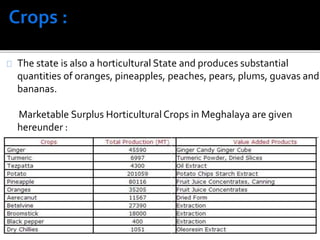 The state is also a horticultural State and produces substantial 
quantities of oranges, pineapples, peaches, pears, plums, guavas and 
bananas. 
Marketable Surplus Horticultural Crops in Meghalaya are given 
hereunder : 
 