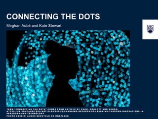 CONNECTING THE DOTS
Meghan Aubé and Kate Stewart
T E R M “ C O N N E C T I N G T H E D O T S ” C O M E S F R O M A R T I C L E B Y C H E N , G R O C O T T A N D K E H O E :
H T T P S : / / E R . E D U C A U S E . E D U / A R T I C L E S / 2 0 1 6 / 3 / C H A N G I N G - R E C O R D S - O F - L E A R N I N G - T H R O U G H - I N N O V A T I O N S - I N -
P E D A G O G Y - A N D - T E C H N O L O G Y
P H O T O C R E D I T : A L M O S B E C H T O L D O N U N S P L A S H
 