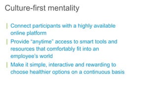 | Connect participants with a highly available
online platform
| Provide “anytime” access to smart tools and
resources that comfortably fit into an
employee’s world
| Make it simple, interactive and rewarding to
choose healthier options on a continuous basis
Culture-first mentality
 