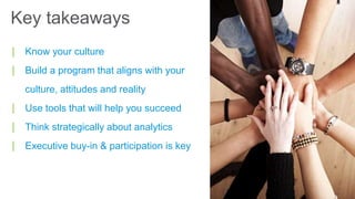 | Know your culture
| Build a program that aligns with your
culture, attitudes and reality
| Use tools that will help you succeed
| Think strategically about analytics
| Executive buy-in & participation is key
Key takeaways
 