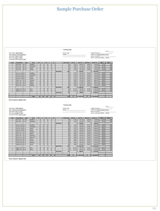 Sample Purchase Order




                           !!!!!!!!!              Purchase Order                                             Purchase Order
                                                                                                                                                                                                                 PO # 1________
"#$%&!'()&*!'+,-./0'!"1                                                                                     2&34$%*!567                                                      1%&89:#!;<<$=(3>&*!??????????????????
@&A#*!0$)&3BC!DE33839!;AA(%&<                                                                               ;44%&CC*?????????????????????????????                            1/F!G$83#*!1/F!@&C#83(#8$3!HC#$%&I
/%4&%!@(#&*!J(K!LMN!OPLO                                                                                    ????????????????????????????????????                             ":8A!28(*!Q%$E34??????????????????????????
"#(%#!":8A*!;E9EC#!MN!OPLO                                                                                                                                                   .&%)C*!ORLP!'&#!SP!-/J????????????
                                                                                                                                                                                                         T-/J
U(3>&<<(#8$3!@(#&*!VE3&!LMN!OPLO

   !"#$$     %&$'()*+),-       .+/"&     !,",(      0.       .        1       2        02                   3,+#"45-)+$     !,$+467          !,$+43,+        8&+#)"467        8&+#)"43,+            MU $            MU %
     W       2&C#!.(3X     GYZ..L      ;0F[LP            [       [        [                                        SO   _!!!!!!!!!!!
                                                                                                                                     ]^SP   _!!!!!!OPL^]P   _!!!!!!!!!
                                                                                                                                                                     L[^PP   _!!!!!!!!!WM]^PP   _!!!!!!!!!
                                                                                                                                                                                                         LL^MP          ]WT
     W       2&C#!.(3X     GYZ..L      ;0QF[LP           ]       ]        ]       S         S                        O   _!!!!!!!!!!!
                                                                                                                                     ]^SP   _!!!!!!LWL^OP   _!!!!!!!!!
                                                                                                                                                                     L[^PP   _!!!!!!!!!SO^PP   _!!!!!!!!!
                                                                                                                                                                                                         LL^MP          ]WT
     W       2&C#!.(3X     GYZ..L      ;0G[              ]       ]        ]       S         S                        O   _!!!!!!!!!!!
                                                                                                                                     ]^SP   _!!!!!!LWL^OP   _!!!!!!!!!
                                                                                                                                                                     L[^PP   _!!!!!!!!!SO^PP   _!!!!!!!!!
                                                                                                                                                                                                         LL^MP          ]WT
     W       2&C#!.(3X     GYZ..L      ;0Q[              ]       ]        ]       S         S                        O   _!!!!!!!!!!!
                                                                                                                                     ]^SP   _!!!!!!LWL^OP   _!!!!!!!!!
                                                                                                                                                                     L[^PP   _!!!!!!!!!SO^PP   _!!!!!!!!!
                                                                                                                                                                                                         LL^MP          ]WT
                                                                                                .5943:372           ;<=                     B444444>??@A<                    B44444;CDEA@<<
     O       U$E#E%&!.&&   GYZ.L       ;0F[LP            [       [        [                                        SO   _!!!!!!!!!!!
                                                                                                                                     `^LP   _!!!!!!O`L^OP   _!!!!!!!!!
                                                                                                                                                                     O]^PP   _!!!!!!!!![SO^PP   _!!!!!!!!!
                                                                                                                                                                                                         L]^`P          ]WT
     O       U$E#E%&!.&&   GYZ.L       ;0QF[LP           [       [        [                                        SO   _!!!!!!!!!!!
                                                                                                                                     `^LP   _!!!!!!O`L^OP   _!!!!!!!!!
                                                                                                                                                                     O]^PP   _!!!!!!!!![SO^PP   _!!!!!!!!!
                                                                                                                                                                                                         L]^`P          ]WT
     O       U$E#E%&!.&&   GYZ.L       ;0G[              [       [        [                                        SO   _!!!!!!!!!!!
                                                                                                                                     `^LP   _!!!!!!O`L^OP   _!!!!!!!!!
                                                                                                                                                                     O]^PP   _!!!!!!!!![SO^PP   _!!!!!!!!!
                                                                                                                                                                                                         L]^`P          ]WT
     O       U$E#E%&!.&&   GYZ.L       ;0Q[              ]       ]        ]       S         S                        O   _!!!!!!!!!!!
                                                                                                                                     `^LP   _!!!!!!OL[^P   _!!!!!!!!!
                                                                                                                                                                     O]^PP   _!!!!!!!!!]O^PP   _!!!!!!!!!
                                                                                                                                                                                                         L]^`P          ]WT
     O       1(a%8>!.$A    GYZ.O       Q'6[LP            [       [        [                                        SO   _!!!!!!!!!!!
                                                                                                                                     `^[P   _!!!!!!SLS^]P   _!!!!!!!!!
                                                                                                                                                                     O[^PP   _!!!!!!!!![`]^PP   _!!!!!!!!!
                                                                                                                                                                                                         L[^OP          ]WT
     O       1(a%8>!.$A    GYZ.O       QF[LP             [       [        [                                        SO   _!!!!!!!!!!!
                                                                                                                                     `^[P   _!!!!!!SLS^]P   _!!!!!!!!!
                                                                                                                                                                     O[^PP   _!!!!!!!!![`]^PP   _!!!!!!!!!
                                                                                                                                                                                                         L[^OP          ]WT
     O       1(a%8>!.$A    GYZ.O       Q'G,[             [       [        [                                        SO   _!!!!!!!!!!!
                                                                                                                                     `^[P   _!!!!!!SLS^]P   _!!!!!!!!!
                                                                                                                                                                     O[^PP   _!!!!!!!!![`]^PP   _!!!!!!!!!
                                                                                                                                                                                                         L[^OP          ]WT
     O       1(a%8>!.$A    GYZ.O       Q/D[LP            ]       ]        ]       S         S                        O   _!!!!!!!!!!!
                                                                                                                                     `^[P   _!!!!!!OSW^OP   _!!!!!!!!!
                                                                                                                                                                     O[^PP   _!!!!!!!!!]MO^PP   _!!!!!!!!!
                                                                                                                                                                                                         L[^OP          ]WT
                                                                                                .5943:372           A=<                     B444
                                                                                                                                               ACA>D@<<                      B44444>C=D<@<<                             ]WT
     S       V$99&%!G(3# GYZGL         FY,O              ]       [        [       W         W                        SO   _!!!!!!!!!
                                                                                                                                   LO^OW    _!!!!!!S`O^PP   _!!!!!!!!!
                                                                                                                                                                     SW^PP   _!!!!!!
                                                                                                                                                                                   LNLOP^PP     _!!!!!!!!!
                                                                                                                                                                                                         OO^MW          ]WT
     S       V$99&%!G(3# GYZGL         J;VL              ]       [        [       W         W                        SO   _!!!!!!!!!
                                                                                                                                   LO^OW    _!!!!!!S`O^PP   _!!!!!!!!!
                                                                                                                                                                     SW^PP   _!!!!!!
                                                                                                                                                                                   LNLOP^PP     _!!!!!!!!!
                                                                                                                                                                                                         OO^MW          ]WT
                                                                                                .5943:372            >=                     B444444ED=@<<                    B44444ACA=<@<<


                                         Totals       98     102      102         53    53                          816         X           B444
                                                                                                                                               FCE<E@A<          X           B444;<C?GA@<<

Buyer's Signature: Meghan Fuller



                           !!!!!!!!!              Purchase Order                                             Purchase Order
                                                                                                                                                                                                                 PO # 2________
"#$%&!'()&*!'+,-./0'!"1                                                                                     2&34$%*!567                                                      1%&89:#!;<<$=(3>&*!??????????????????
@&A#*!0$)&3BC!DE33839!;AA(%&<                                                                               ;44%&CC*?????????????????????????????                            1/F!G$83#*!1/F!@&C#83(#8$3!HC#$%&I
/%4&%!@(#&*!J(K!LMN!OPLO                                                                                    ????????????????????????????????????                             ":8A!28(*!Q%$E34??????????????????????????
"#(%#!":8A*!/>#$a&%!`N!OPLO                                                                                                                                                  .&%)C*!ORLP!'&#!SP!-/J????????????
                                                                                                                                                                                                         T-/J
U(3>&<<(#8$3!@(#&*!VE3&!LMN!OPLO

   !"#$$     %&$'()*+),-     .+/"&       !,",(      0.       .        1       2        02                   3,+#"45-)+$     !,$+467        !,$+43,+          8&+#)"467      8&+#)"43,+              MU $            MU %
     W       2&C#!.(3X   GYZ..L        ;0F[LP            ]       ]        ]       S         S                        O   _!!!!!!!!!!!
                                                                                                                                     ]^SP _!!!!!!LWL^OP     _!!!!!!!!!
                                                                                                                                                                     L[^PP _!!!!!!!!!SO^PP     _!!!!!!!!!
                                                                                                                                                                                                         LL^MP          ]WT
     W       2&C#!.(3X   GYZ..L        ;0QF[LP           ]       ]        ]       S         S                        O   _!!!!!!!!!!!
                                                                                                                                     ]^SP _!!!!!!LWL^OP     _!!!!!!!!!
                                                                                                                                                                     L[^PP _!!!!!!!!!SO^PP     _!!!!!!!!!
                                                                                                                                                                                                         LL^MP          ]WT
                                                                                                .5943:372            =D                   B444444F<A@=<                    B444444444
                                                                                                                                                                                    D>=@<<
     O       U$E#E%&!.&&   GYZ.L       ;0F[LP         LO         LO   LO          ]         ]                        [   _!!!!!!!!!!!
                                                                                                                                     `^LP _!!!!!!S]^[P     _!!!!!!!!!
                                                                                                                                                                     O]^PP _!!!!!!
                                                                                                                                                                                 LNO[^PP       _!!!!!!!!!
                                                                                                                                                                                                         L]^`P          ]WT
     O       U$E#E%&!.&&   GYZ.L       ;0QF[LP        LO         LO   LO          ]         ]                        [   _!!!!!!!!!!!
                                                                                                                                     `^LP _!!!!!!S]^[P     _!!!!!!!!!
                                                                                                                                                                     O]^PP _!!!!!!
                                                                                                                                                                                 LNO[^PP       _!!!!!!!!!
                                                                                                                                                                                                         L]^`P          ]WT
     O       U$E#E%&!.&&   GYZ.L       ;0G[           LO         LO   LO          ]         ]                        [   _!!!!!!!!!!!
                                                                                                                                     `^LP _!!!!!!S]^[P     _!!!!!!!!!
                                                                                                                                                                     O]^PP _!!!!!!
                                                                                                                                                                                 LNO[^PP       _!!!!!!!!!
                                                                                                                                                                                                         L]^`P          ]WT
     O       U$E#E%&!.&&   GYZ.L       ;0Q[           LO         LO   LO          ]         ]                        [   _!!!!!!!!!!!
                                                                                                                                     `^LP _!!!!!!S]^[P     _!!!!!!!!!
                                                                                                                                                                     O]^PP _!!!!!!
                                                                                                                                                                                 LNO[^PP       _!!!!!!!!!
                                                                                                                                                                                                         L]^`P          ]WT
     O       1(a%8>!.$A    GYZ.O       Q'6[LP         LO         LO   LO          ]         ]                        [   _!!!!!!!!!!!
                                                                                                                                     `^[P _!!!!!!MP^P     _!!!!!!!!!
                                                                                                                                                                     O[^PP _!!!!!!
                                                                                                                                                                                 LNS^PP       _!!!!!!!!!
                                                                                                                                                                                                         L[^OP          ]WT
     O       1(a%8>!.$A    GYZ.O       QF[LP          LO         LO   LO          ]         ]                        [   _!!!!!!!!!!!
                                                                                                                                     `^[P _!!!!!!MP^P     _!!!!!!!!!
                                                                                                                                                                     O[^PP _!!!!!!
                                                                                                                                                                                 LNS^PP       _!!!!!!!!!
                                                                                                                                                                                                         L[^OP          ]WT
     O       1(a%8>!.$A    GYZ.O       QD;"GLP        LO         LO   LO          ]         ]                        [   _!!!!!!!!!!!
                                                                                                                                     `^[P _!!!!!!MP^P     _!!!!!!!!!
                                                                                                                                                                     O[^PP _!!!!!!
                                                                                                                                                                                 LNS^PP       _!!!!!!!!!
                                                                                                                                                                                                         L[^OP          ]WT
     O       1(a%8>!.$A    GYZ.O       QJbY.LP        LO         LO   LO          ]         ]                        [   _!!!!!!!!!!!
                                                                                                                                     `^[P _!!!!!!MP^P     _!!!!!!!!!
                                                                                                                                                                     O[^PP _!!!!!!
                                                                                                                                                                                 LNS^PP       _!!!!!!!!!
                                                                                                                                                                                                         L[^OP          ]WT
     O       @%(A&4!.$A    GYZ.S       D/6LP          LO         LO   LO          ]         ]                        [   _!!!!!!!!!!!
                                                                                                                                     `^[P _!!!!!!MP^P     _!!!!!!!!!
                                                                                                                                                                     O[^PP _!!!!!!
                                                                                                                                                                                 LNS^PP       _!!!!!!!!!
                                                                                                                                                                                                         L[^OP          ]WT
     O       @%(A&4!.$A    GYZ.S       D;"GLP         LO         LO   LO          ]         ]                        [   _!!!!!!!!!!!
                                                                                                                                     `^[P _!!!!!!MP^P     _!!!!!!!!!
                                                                                                                                                                     O[^PP _!!!!!!
                                                                                                                                                                                 LNS^PP       _!!!!!!!!!
                                                                                                                                                                                                         L[^OP          ]WT
     O       @%(A&4!.$A    GYZ.S       'QD'LP         LO         LO   LO          ]         ]                        [   _!!!!!!!!!!!
                                                                                                                                     `^[P _!!!!!!MP^P     _!!!!!!!!!
                                                                                                                                                                     O[^PP _!!!!!!
                                                                                                                                                                                 LNS^PP       _!!!!!!!!!
                                                                                                                                                                                                         L[^OP          ]WT
     O       @%(A&4!.$A    GYZ.S       FY,LP          LO         LO   LO          ]         ]                        [   _!!!!!!!!!!!
                                                                                                                                     `^[P _!!!!!!MP^P     _!!!!!!!!!
                                                                                                                                                                     O[^PP _!!!!!!
                                                                                                                                                                                 LNS^PP       _!!!!!!!!!
                                                                                                                                                                                                         L[^OP          ]WT
                                                                                                .5943:372           ?E>                   B444
                                                                                                                                             ?C?;<@=<                      B444;?CE==@<<                                ]WT
     S       V$99&%!G(3# GYZGL         FY,O              [       [        [       W                                 SS   _!!!!!!!!!
                                                                                                                                   LO^OW _!!!!!!P^OW      _!!!!!!!!!
                                                                                                                                                                     SW^PP _!!!!!!
                                                                                                                                                                                 LNLWW^PP       _!!!!!!!!!
                                                                                                                                                                                                         OO^MW          ]WT
     S       V$99&%!G(3# GYZGL         G-0L              [       [        [       W                                 SS   _!!!!!!!!!
                                                                                                                                   LO^OW _!!!!!!P^OW      _!!!!!!!!!
                                                                                                                                                                     SW^PP _!!!!!!
                                                                                                                                                                                 LNLWW^PP       _!!!!!!!!!
                                                                                                                                                                                                         OO^MW          ]WT
                                                                                                .5943:372            >>                   B444444D<D@?<                    B44444ACF;<@<<


                                         Totals      172     172      172         88    86                         1380         X           B444
                                                                                                                                               >C>A;@F<          X           B444;DCG;D@<<

Buyer's Signature: Meghan Fuller




                                                                                                                                                                                                                                  14
 