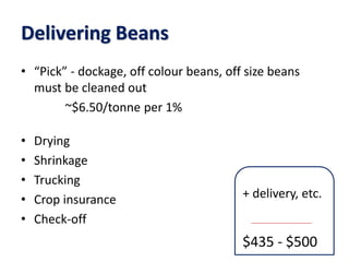 Delivering Beans
• “Pick” - dockage, off colour beans, off size beans
must be cleaned out
~$6.50/tonne per 1%
• Drying
• Shrinkage
• Trucking
• Crop insurance
• Check-off
$435 - $500
+ delivery, etc.
 