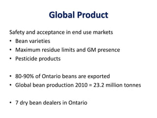 Global Product
Safety and acceptance in end use markets
• Bean varieties
• Maximum residue limits and GM presence
• Pesticide products
• 80-90% of Ontario beans are exported
• Global bean production 2010 = 23.2 million tonnes
• 7 dry bean dealers in Ontario
 