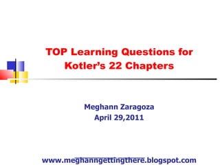 TOP Learning Questions for Kotler’s 22 Chapters Meghann Zaragoza April 29,2011 www.meghanngettingthere.blogspot.com 