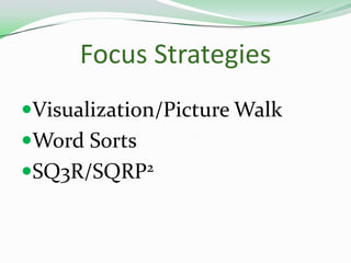 Focus Strategies Visualization/Picture WalkWord SortsSQ3R/SQRP2