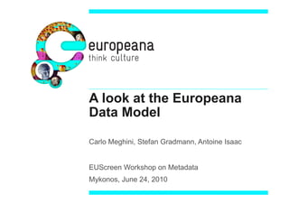 A look at the Europeana
Data Model

Carlo Meghini, Stefan Gradmann, Antoine Isaac


EUScreen Workshop on Metadata
Mykonos, June 24, 2010
 