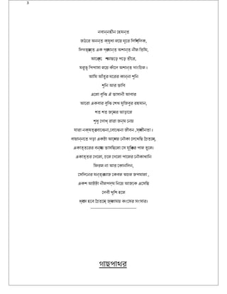 3
নবান্যনহীন েহমন্যত
জঠরের অননন্যত ক্যষত্রুধবা লেয় ঘরুের িদেিগব্যিদেক,
িদেগভর্যান্যত এক পর্যাণান্যত অনশ্ান্যত নীল িতিম,
আমেকর্যাে শ্আমছেড় পেড় তীের,
মরুভূর্ িপপাসা লেয় কঁােদে অনশ্ান্যত গাংচিচল ।
আমিম আমঁতুর ঘরেরর কান্যনা শ্ুিন
শ্ুিন আমর ভািব
এেলা বুিঝে ঐ ভাসানী আমবার
আমেরা একবার বুিঝে েশ্খ মুিজবুর রহমান,
শ্ত শ্ত জেন্যমর আমড়ােল
শ্ুধবু েগাখ্য রারা জন্যম েনয়
যারা নক্যষত্রতর্য েবােঝেনা,েবােঝেনা জীবন ,সব্যাধবীনতা ।
বায়ান্যনেত গড়া একটেছা আমেগ্যনয় েনৌকা েদেেখিছ ৈচতেনয্য,
একাত্যতেরর বনয্যায় ভাসিছেলা েস মুিক্যতর পাল তুেল।
একাত্যতর েগেলা, চেল েগেলা পােলর েনৌকাখািন
িফরল না আমর েকানিদেন,
েসিদেেনর মন্যতর্য আমজ েকবল অনচল জপমালা ,
একশ্ আমটেছটেছা নীলপদে্যম িনেয় আমজেক এেসিছ
েদেবী খুিশ্ হেল
ধবব্যংচস হেব ৈচতেনয্য জব্যালাময় কংচেসর সংচসার।
----------------------------------
গাছপাথর
 