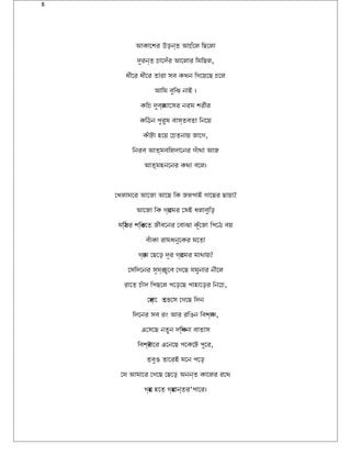 8
আকাোশর উঠড়ন্ত আচঁোল িছোলা
দেুরন্ত চাোদেঁর আোলার িমিছল,
ধীোর ধীোর তারা সবি কখতন িগবোয়েোছ চোল
আিম বিুিঝ নাই ।
কিচ দেুবির্াঘাোসর নরম শরীর
কিঠন পিয়ুরুষে বিাস্তবিতা িনোয়ে
কঁাটা হবোয়ে োচতনায়ে জাোগব,
িনরবি আত্মবিিলদোোনর গবঁাথা আজ
আত্মহবনোনর কথা বিোল।
োখতলাঘোর আোজা আোছ িক জলপিয়াই গবাোছর ছায়ো?
আোজা িক গবর্াোমর োসই ধলাবিুিড়
ষেিস্ঠর শিক্তোত জীবিোনর োবিাঝা কূলঁোজা িপিয়োঠ বিয়ে
বিঁাকা রামধনুোকর মোতা
গবর্াম োছোড় দেূলর গবর্াোমর মাথায়ে?
োসিদেোনর সূলযর্ ডুোবি োগবোছ যমুনার নীোল
রাোত চঁাদে িপিয়ছোল পিয়োড়োছ পিয়াহবাোড়র িনোচ,
োসর্াো তোভোস োগবোছ িদেন
িদেোনর সবি রং আর রিঙন িবিশবি্াস,
এোসোছ নতুন দেিক্ষেনা বিাতাস
িবিশবি্টাোর এোনোছ পিয়োকোট পিয়ুোর,
তবিুও তাোরই মোন পিয়োড়
োয আমাোর োগবোছ োছোড় অথনন্ত কাোলর রোথ
গবর্হব হবোত গবর্হবান্তর’পিয়াোর।
 