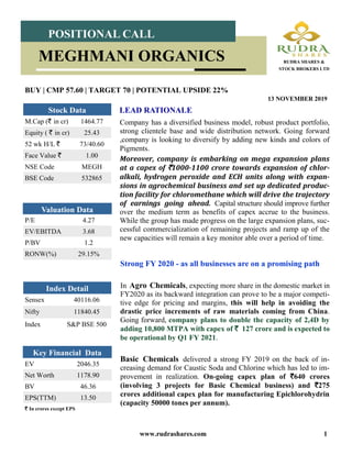 www.rudrashares.com 1
Strong FY 2020 - as all businesses are on a promising path
In Agro Chemicals, expecting more share in the domestic market in
FY2020 as its backward integration can prove to be a major competi-
tive edge for pricing and margins, this will help in avoiding the
drastic price increments of raw materials coming from China.
Going forward, company plans to double the capacity of 2,4D by
adding 10,800 MTPA with capex of ` 127 crore and is expected to
be operational by Q1 FY 2021.
Basic Chemicals delivered a strong FY 2019 on the back of in-
creasing demand for Caustic Soda and Chlorine which has led to im-
provement in realization. On-going capex plan of `640 crores
(involving 3 projects for Basic Chemical business) and `275
crores additional capex plan for manufacturing Epichlorohydrin
(capacity 50000 tones per annum).
LEAD RATIONALE
BUY | CMP 57.60 | TARGET 70 | POTENTIAL UPSIDE 22%
13 NOVEMBER 2019
Index Detail
Sensex 40116.06
Nifty 11840.45
Index S&P BSE 500
M.Cap (` in cr) 1464.77
Equity ( ` in cr) 25.43
52 wk H/L ` 73/40.60
Face Value ` 1.00
NSE Code MEGH
BSE Code 532865
Stock Data
POSITIONAL CALL
MEGHMANI ORGANICS RUDRA SHARES &
STOCK BROKERS LTD
P/E 4.27
EV/EBITDA 3.68
P/BV 1.2
RONW(%) 29.15%
Valuation Data
EV 2046.35
Net Worth 1178.90
BV 46.36
EPS(TTM) 13.50
Key Financial Data
` In crores except EPS
Company has a diversified business model, robust product portfolio,
strong clientele base and wide distribution network. Going forward
,company is looking to diversify by adding new kinds and colors of
Pigments.
Moreover, company is embarking on mega expansion plans
at a capex of `1000-1100 crore towards expansion of chlor-
alkali, hydrogen peroxide and ECH units along with expan-
sions in agrochemical business and set up dedicated produc-
tion facility for chloromethane which will drive the trajectory
of earnings going ahead. Capital structure should improve further
over the medium term as benefits of capex accrue to the business.
While the group has made progress on the large expansion plans, suc-
cessful commercialization of remaining projects and ramp up of the
new capacities will remain a key monitor able over a period of time.
 
