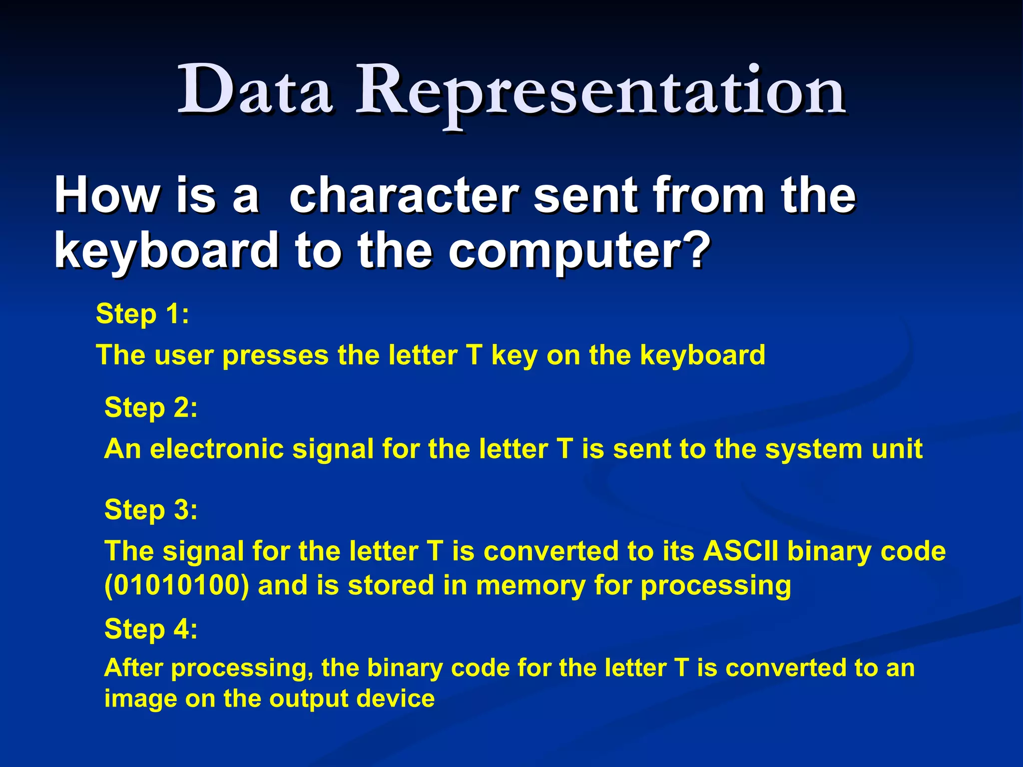 Data Representation
How is a character sent from the
keyboard to the computer?
 Step 1:
 The user presses the letter T key on the keyboard
  Step 2:
  An electronic signal for the letter T is sent to the system unit

  Step 3:
  The signal for the letter T is converted to its ASCII binary code
  (01010100) and is stored in memory for processing
  Step 4:
  After processing, the binary code for the letter T is converted to an
  image on the output device
 