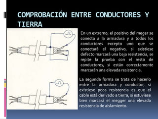 COMPROBACIÓN ENTRE CONDUCTORES Y
TIERRA
En un extremo, el positivo del meger se
conecta a la armadura y a todos los
conductores excepto uno que se
conectará el negativo, si existiese
defecto marcará una baja resistencia, se
repite la prueba con el resto de
conductores, si están correctamente
marcarán una elevada resistencia.
La segunda forma se trata de hacerlo
entre la armadura y conductor, si
existiese poca resistencia es que el
cable está derivado a tierra, si estuviese
bien marcará el megger una elevada
resistencia de aislamiento.
 
