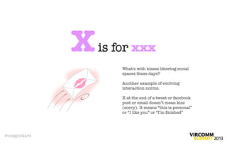 X   is for xxx
                      What's with kisses littering social
                      spaces these days?

                      Another example of evolving
                      interaction norms.

                      X at the end of a tweet or facebook
                      post or email doesn’t mean kiss
                      (sorry). It means “this is personal”
                      or “I like you” or “I’m ﬁnished”




@megpickard
 