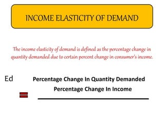 INCOME ELASTICITY OF DEMAND
The income elasticity of demand is defined as the percentage change in
quantity demanded due to certain percent change in consumer’s income.
Ed Percentage Change In Quantity Demanded
Percentage Change In Income
 