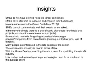 Insights
SMEs do not have defined roles like larger companies.
SMEs have little time to research and improve their businesses
No-one understands the Green Deal (May 2012)?
SMEs cannot communicate well their needs, when asked.
In the current climate there is a lack of work/ of projects (architects lack
projects, construction companies lack projects).
Bureaucratic methods for getting accredited discourages
peoples/companies from accreditation (subsequent lack of jobs, loss of
tenders).
Many people are interested in the DIY section of the sector.
The construction industry is poor in terms of QA.
With the Green Deal approaching there is a need for up-skilling the retro-fit
industry.
Low carbon and renewable energy technologies need to be marketed to
the average client.
 