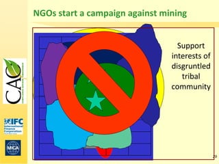NGOs start a campaign against mining


                                  Support
                                interests of
                                disgruntled
                                   tribal
                                community




                                               29
 