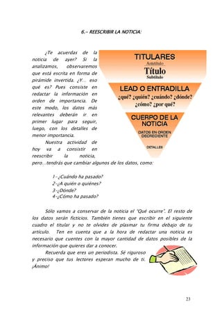 23
6.- REESCRIBIR LA NOTICIA:
¿Te acuerdas de la
noticia de ayer? Si la
analizamos, observaremos
que está escrita en forma de
pirámide invertida. ¿Y… eso
qué es? Pues consiste en
redactar la información en
orden de importancia. De
este modo, los datos más
relevantes deberán ir en
primer lugar para seguir,
luego, con los detalles de
menor importancia.
Nuestra actividad de
hoy va a consistir en
reescribir la noticia,
pero…tendrás que cambiar algunos de los datos, como:
1- ¿Cuándo ha pasado?
2-¿A quién o quiénes?
3-¿Dónde?
4-¿Cómo ha pasado?
Sólo vamos a conservar de la noticia el “Qué ocurre”. El resto de
los datos serán ficticios. También tienes que escribir en el siguiente
cuadro el titular y no te olvides de plasmar tu firma debajo de tu
artículo. Ten en cuenta que a la hora de redactar una noticia es
necesario que cuentes con la mayor cantidad de datos posibles de la
información que quieres dar a conocer.
Recuerda que eres un periodista. Sé riguroso
y preciso que tus lectores esperan mucho de ti.
¡Ánimo!
 