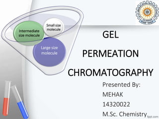 GEL
PERMEATION
CHROMATOGRAPHY
Presented By:
MEHAK
14320022
M.Sc. Chemistry
Large size
molecule
Intermediate
size molecule
Small size
molecule
 