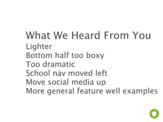 What We Heard From You
Lighter
Bottom half too boxy
Too dramatic
School nav moved left
Move social media up
More general feature well examples