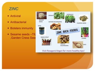 ZINC
 Antiviral
 Antibacterial
 Bolsters immunity
 Sesame seeds –TIL
,Garden Cress Seeds
 