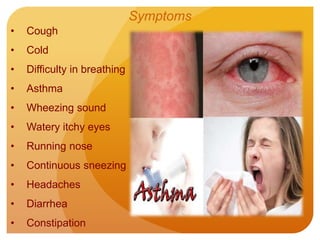 • Cough
• Cold
• Difficulty in breathing
• Asthma
• Wheezing sound
• Watery itchy eyes
• Running nose
• Continuous sneezing
• Headaches
• Diarrhea
• Constipation
Symptoms
 