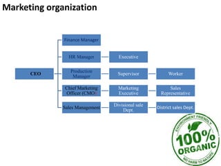 Marketing organization
CEO
Finance Manager
HR Manager Executive
Production
Manager
Supervisor Worker
Chief Marketing
Officer (CMO)
Marketing
Executive
Sales
Representative
Sales Management
Divisional sale
Dept.
District sales Dept.
 