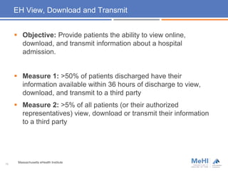 EH View, Download and Transmit
 Objective: Provide patients the ability to view online,
download, and transmit information about a hospital
admission.
 Measure 1: >50% of patients discharged have their
information available within 36 hours of discharge to view,
download, and transmit to a third party
 Measure 2: >5% of all patients (or their authorized
representatives) view, download or transmit their information
to a third party
13
Massachusetts eHealth Institute
 