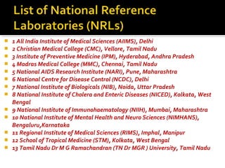  1 All India Institute of Medical Sciences (AIIMS), Delhi
 2 Christian Medical College (CMC), Vellore, Tamil Nadu
 3 Institute of Preventive Medicine (IPM), Hyderabad, Andhra Pradesh
 4 Madras Medical College (MMC), Chennai, Tamil Nadu
 5 National AIDS Research Institute (NARI), Pune, Maharashtra
 6 National Centre for Disease Control (NCDC), Delhi
 7 National Institute of Biologicals (NIB), Noida, Uttar Pradesh
 8 National Institute of Cholera and Enteric Diseases (NICED), Kolkata, West
Bengal
 9 National Institute of Immunohaematology (NIIH), Mumbai, Maharashtra
 10 National Institute of Mental Health and Neuro Sciences (NIMHANS),
Bengaluru,Karnataka
 11 Regional Institute of Medical Sciences (RIMS), Imphal, Manipur
 12 School of Tropical Medicine (STM), Kolkata, West Bengal
 13 Tamil Nadu Dr M G Ramachandran (TN Dr MGR ) University, Tamil Nadu
 