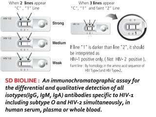 SD BIOLINE : An immunochromatographic assay for
the differential and qualitative detection of all
isotypes(IgG, IgM, IgA) antibodies specific to HIV-1
including subtype O and HIV-2 simultaneously, in
human serum, plasma or whole blood.
 